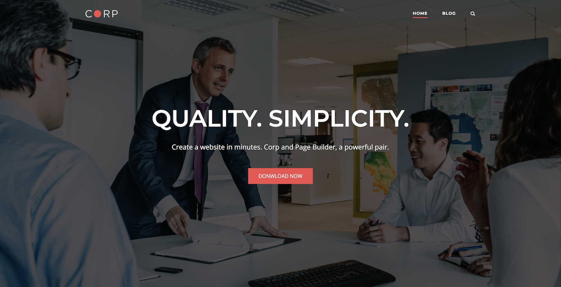 Corp theme with transparent overlapping header on top of hero section
