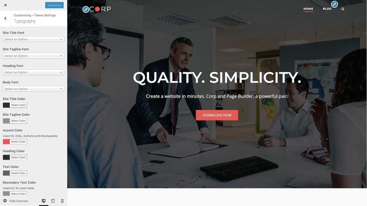 Corp theme navigation settings in the WordPress Customizer showing menu style and header options