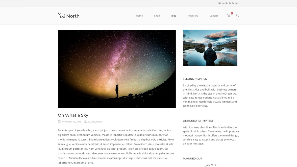 North theme blog view showing a full-width featured image post with sidebar widgets