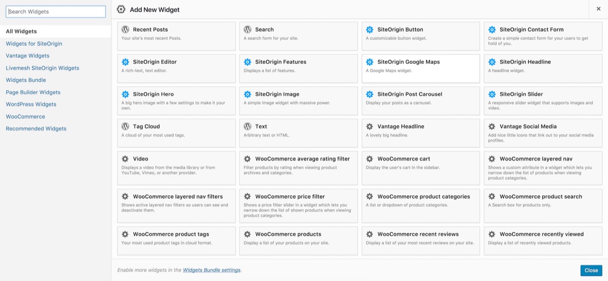 Widgets Bundle interface showing widget options within Vantage theme